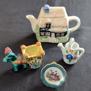 Miniature Ceramic Teapot and Figurines Set